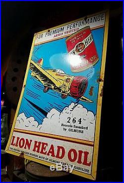 Old vintage porcelain gilmore lion head oil aviation airplane gas oil sign rare