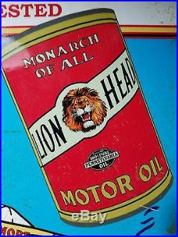Old vintage porcelain gilmore lion head oil aviation airplane gas oil sign rare