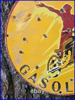 Original Vintage 1936 Spirit Indian Gasoline Porcelain Sign 12