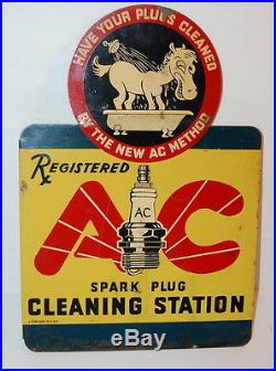Original Vintage AC DONKEY SPARK PLUG Flange Metal SIGN Gas Station Oil Rare
