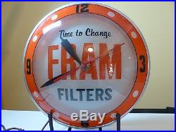 Original Vintage Fram Oil Filter Lighted Double Bubble Advertising Clock not Pam