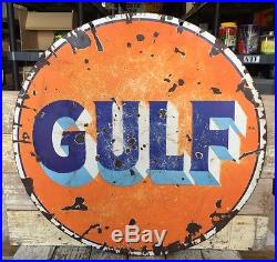 Original Vintage Gulf Oil Gas Porcelain Metal Double Sided Sign 30
