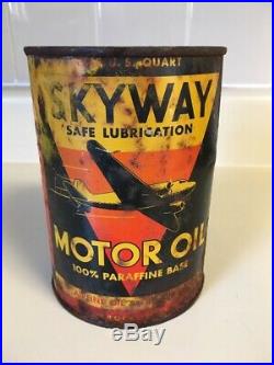Original Vintage Skyway Motor Oil Can Rare Metal Tin 1 Quart Gas Oil Lubbock Tex