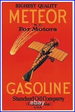 Original Vintage Standard Oil Meteor Gasoline Paper Label Sign Airplane C1920