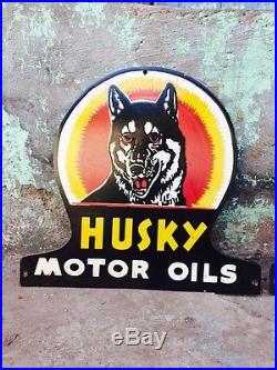 Porcelain 1940's Husky Motor Oils x3 Vintage Enamel Sign 17x16 Rare