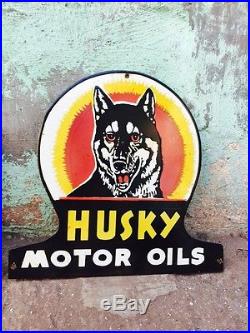 Porcelain 1940's Husky Motor Oils x3 Vintage Enamel Sign 17x16 Rare