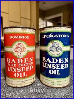 RARE 1930's x2 VINTAGE CANADIAN OIL BADEN IMPERIAL QUART CAN FULL