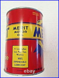 RARE FULL Very Nice 1950s Vintage MERIT MOTOR OIL Old 1 qt Tin Can Unopened