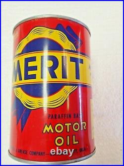 RARE FULL Very Nice 1950s Vintage MERIT MOTOR OIL Old 1 qt Tin Can Unopened