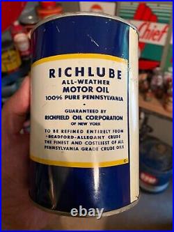 RARE NOS FULL Vintage RICHLUBE MOTOR OIL 1 QUART CAN NO RUST GAS AND OIL
