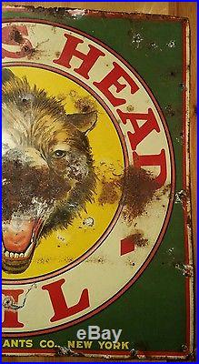RARE VTG Early Original Wolf's Head Oil Tin Sign Wolverine Lubricants New York