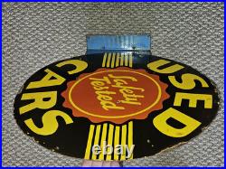 RARE Vintage 1950s OLDSMOBILE Dealership Gas Oil Porcelain Flange Sign 22 X 23