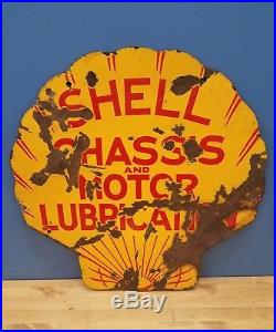 RARE Vintage 2 Sided Shell Gas & Oil Chasis & Motor Lubricant Porcelain 24 Sign