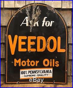 RARE Vintage 30s VEEDOL Motor Oil 2 Sided Tombstone Porcelain Sign