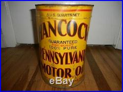 RARE Vintage HANCOCK 5 Quart Station Pennsylvania Motor Oil Tin Advertising Can