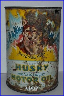 RARE Vintage HUSKY MOTOR OIL ONE Quart Advertising Tin Can w DOG