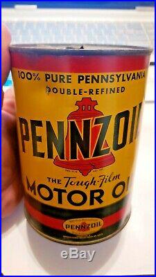 RARE Vintage Metal Pennzoil DBL REFINED The Tough-Film Motor Oil Can Quart