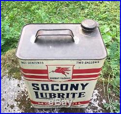 RARE Vintage SOCONY Lubrite 2 Gallon Motor Oil Socony Vacuum Pegasus Can Sign