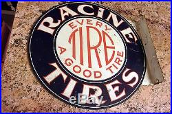 Racine Tire Flange Sign Vintage Porcelain Gas Sign Pump Oil Service Station RARE