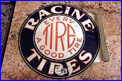 Racine Tire Flange Sign Vintage Porcelain Gas Sign Pump Oil Service Station RARE