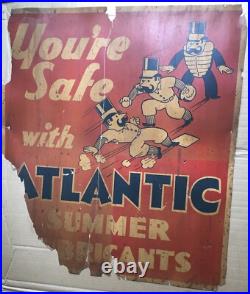 Rare Antique Vintage ATLANTIC GAS & OIL SUMMER LUBRICANTS SIGN BASEBALL 28x25