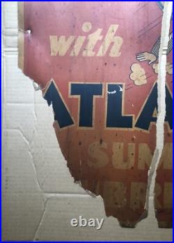 Rare Antique Vintage ATLANTIC GAS & OIL SUMMER LUBRICANTS SIGN BASEBALL 28x25