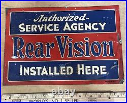 Rare Antique Vtg 20s 30s REAR VISION INSTALLED HERE Service Station 14 Tin Sign