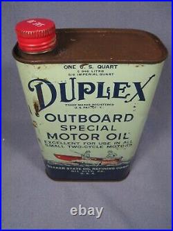 Rare Full Vintage DUPLEX Outboard Special Motor Oil Can SAE 30 with Red Cap