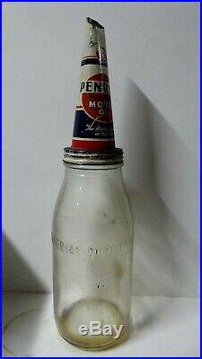 Rare Original Vintage Penrite Oil Bottle Tin Top Embossed Imperial Quart Glass