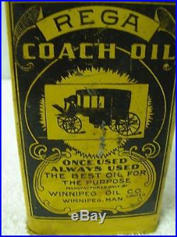 Rare Vintage Rega Coach Oil Tin Can Winnipeg Oil Co Buggies Sulkies Wagons NR