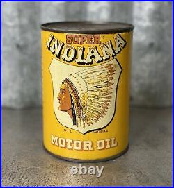 Super Indiana Quart Motor Oil Can Full Native American Indian Vintage Metal