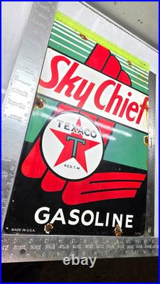TEXACO SKY CHIEF 18 GENUINE VINTAGE FLT Gas Pump Service Station Porcelain Sign