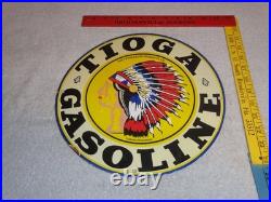 VINTAGE 11 3/4 in TIOGA GASOLINE INDIAN CHIEF PORCELAIN METAL KANSAS OIL SIGN
