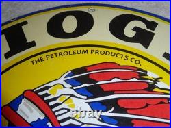 VINTAGE 11 3/4 in TIOGA GASOLINE INDIAN CHIEF PORCELAIN METAL KANSAS OIL SIGN