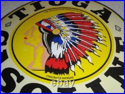 VINTAGE 11 3/4 in TIOGA GASOLINE INDIAN CHIEF PORCELAIN METAL KANSAS OIL SIGN