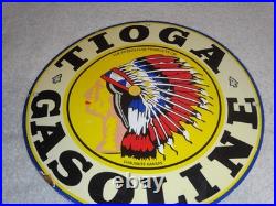 VINTAGE 11 3/4 in TIOGA GASOLINE INDIAN CHIEF PORCELAIN METAL KANSAS OIL SIGN