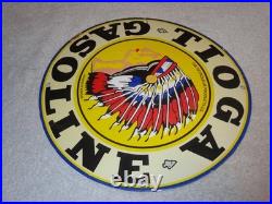 VINTAGE 11 3/4 in TIOGA GASOLINE INDIAN CHIEF PORCELAIN METAL KANSAS OIL SIGN