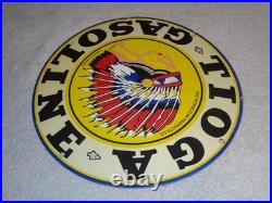 VINTAGE 11 3/4 in TIOGA GASOLINE INDIAN CHIEF PORCELAIN METAL KANSAS OIL SIGN