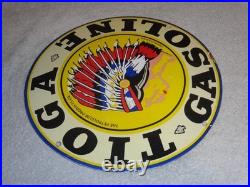 VINTAGE 11 3/4 in TIOGA GASOLINE INDIAN CHIEF PORCELAIN METAL KANSAS OIL SIGN