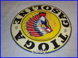 VINTAGE 11 3/4 in TIOGA GASOLINE INDIAN CHIEF PORCELAIN METAL KANSAS OIL SIGN