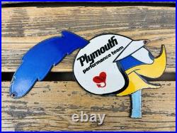 VINTAGE 12x6.5 PLYMOUTH TEAM ROADRUNNER PORCELAIN ADVERTISING MOPAR OIL SIGN