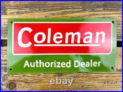 VINTAGE 12x6 COLEMAN CAMPING PORCELAIN OIL SERVICE PUMP STATION GASOLINE SIGN