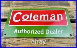 VINTAGE 12x6 COLEMAN CAMPING PORCELAIN OIL SERVICE PUMP STATION GASOLINE SIGN