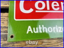 VINTAGE 12x6 COLEMAN CAMPING PORCELAIN OIL SERVICE PUMP STATION GASOLINE SIGN