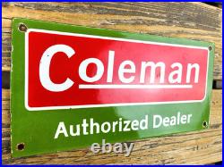 VINTAGE 12x6 COLEMAN CAMPING PORCELAIN OIL SERVICE PUMP STATION GASOLINE SIGN