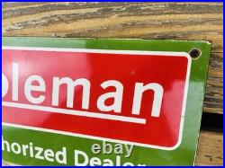 VINTAGE 12x6 COLEMAN CAMPING PORCELAIN OIL SERVICE PUMP STATION GASOLINE SIGN