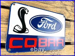 VINTAGE 12x8 FORD COBRA DEALERSHIP GAS STATION PORCELAIN OIL ADVERTISING SIGN