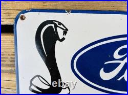 VINTAGE 12x8 FORD COBRA DEALERSHIP GAS STATION PORCELAIN OIL ADVERTISING SIGN