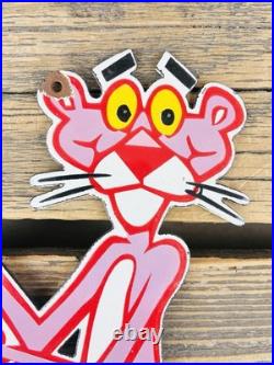 VINTAGE 13x7.5 PINK PANTHER CARTOON SODA POP PORCELAIN OIL GAS ADVERTISING SIGN