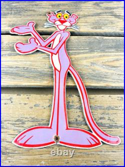 VINTAGE 13x7.5 PINK PANTHER CARTOON SODA POP PORCELAIN OIL GAS ADVERTISING SIGN